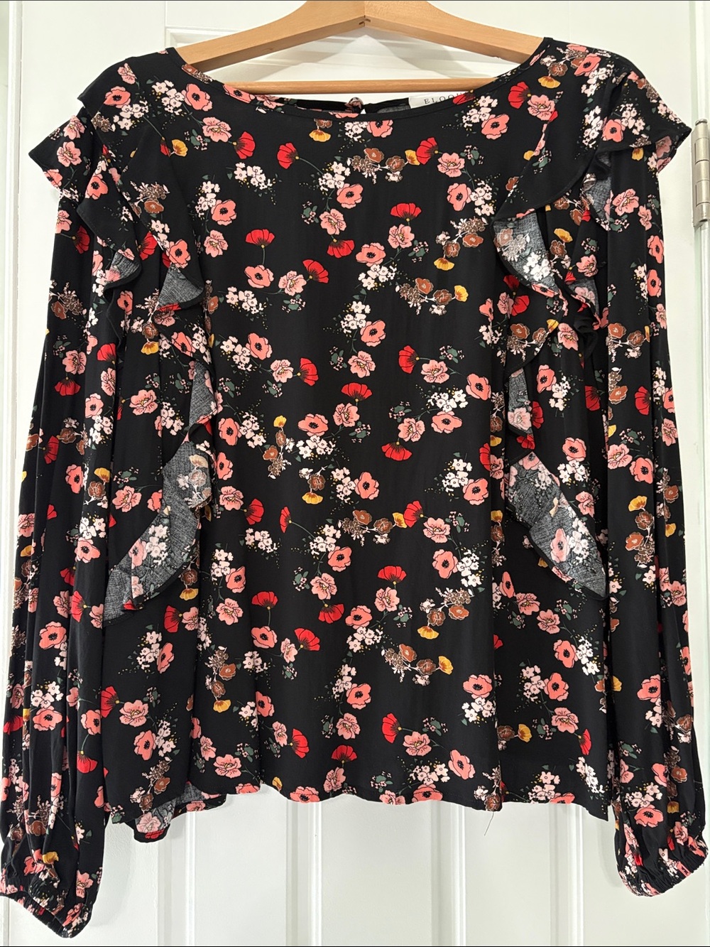 Eloquii Black Floral Ruffle Long-Sleeve Blouse